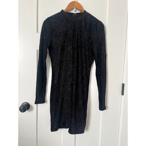 HM Divided Black Plisse Crinkle Top Long Sleeve Mock Neck Open Back Cutout